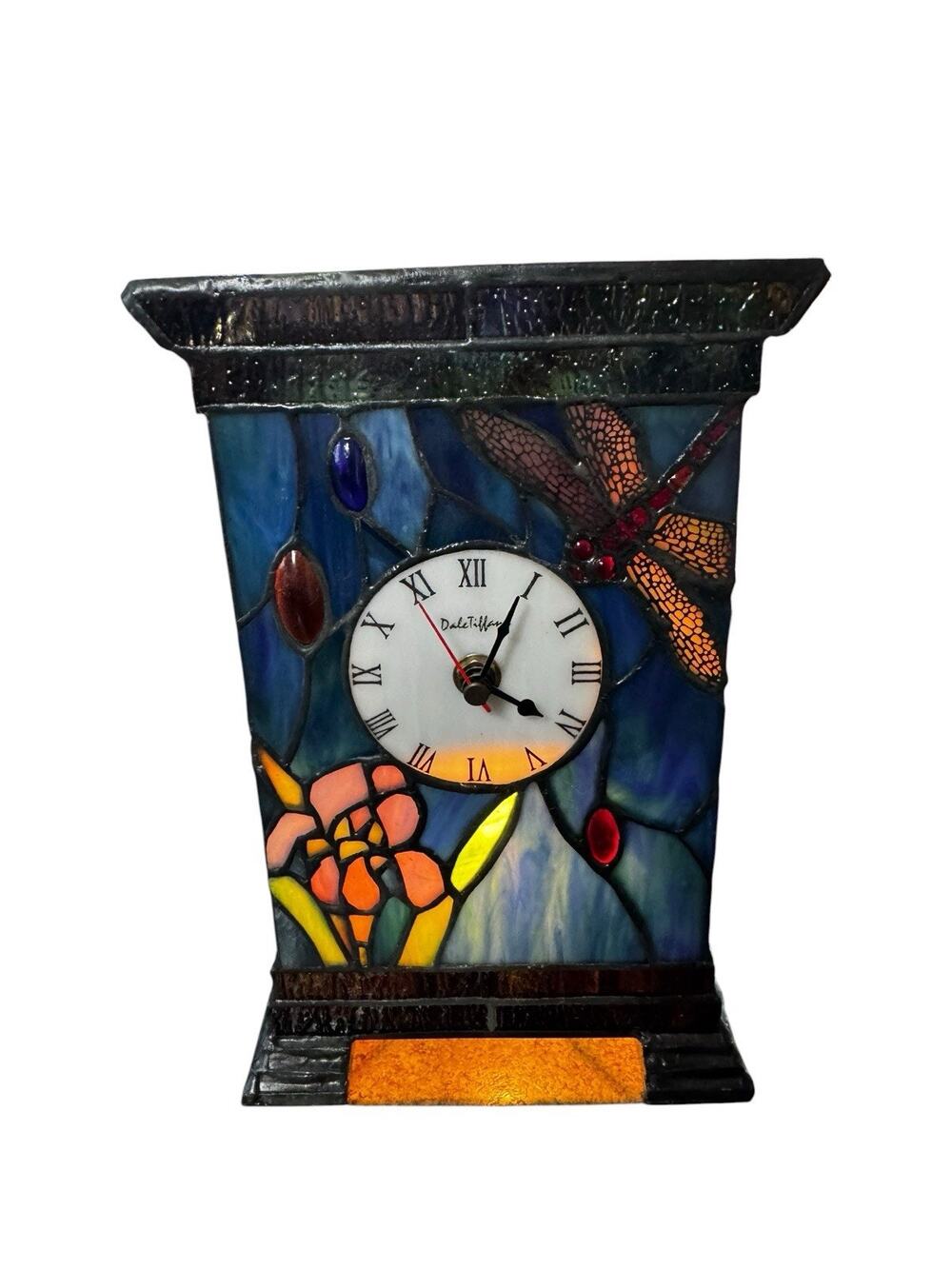 Dale Tiffany Stained Glass Dragonfly Floral Desk Clock Roman Numerals Multicolor